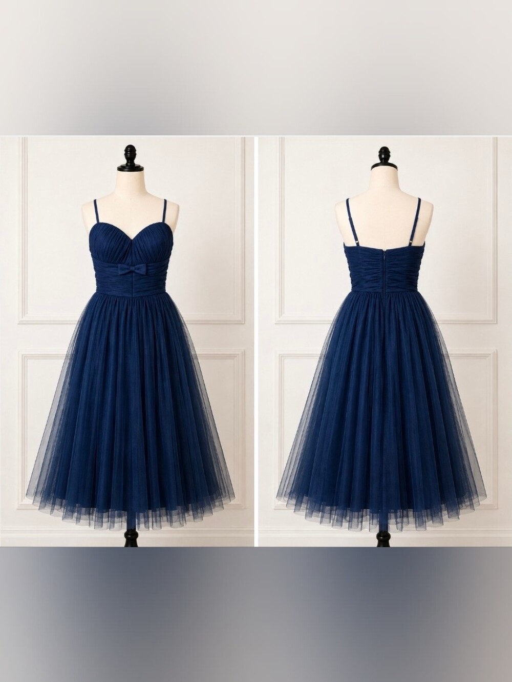 Alex & Sophia Elegant Navy Tulle Midi Dress with Bow